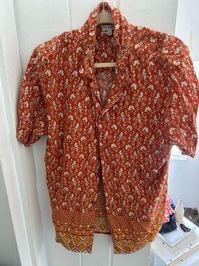Earthbound Trading Co boho floral border print camp shirt men’s large orange